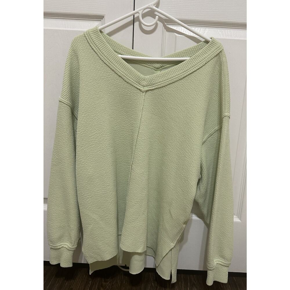 Aerie Women Oversized Wonder Longsleeve Sz M Waffle-Knit Cozy Slouchy Fit V-neck